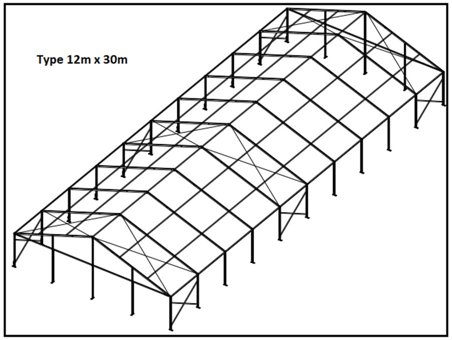 Plano de estructura modular — carpa 12x30m